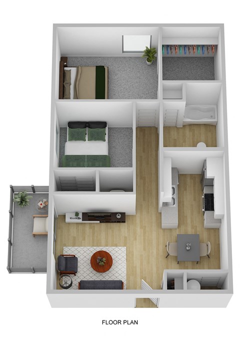 Floor plan for 2 beds, 1 bath, 728 sqft